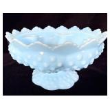 Vintage Fenton blue milk glass hobnail pedestal>