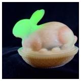 Fenton Burmese glass rabbit on a nest candy dish