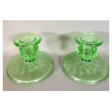 Vintage Green Uranium Glass Candle Stick Holders >