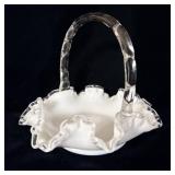 Fenton Milk Glass Silver Crest Ruffled Edge Basket