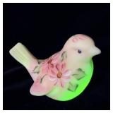Fenton hand painted Burmese pink daisy bird>