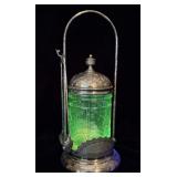 Antique Meriden Silver Plate Uranium Pickle Jar >
