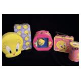 Vintage Tweety bird tins, lunchboxes, coin bank
