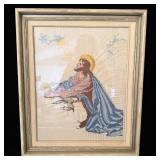 Vintage Large Kneeling Jesus Cross Stitch Picture>