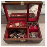Vintage wooden hand carved jewelry box full of
