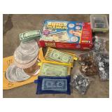 Lot of play money, magnetic coins and bills,