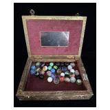 Engraved brass sheet box with vintage marbles