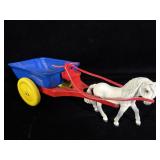 Vintage repainted metal wagon being pulled by a