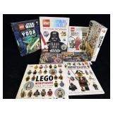 collection of LEGO reference books and sticker
