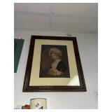 Antique colonial woman picture in tigerwood frame