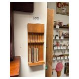 Vintage wood hanging knife block with 4 knives