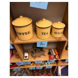 Vintage porcelain enamel coffee, tea + sugar jars