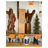 Vintage NOS wooden utensil holder with utensils