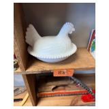 Vtg Milk Glass Hen On Nest Dish