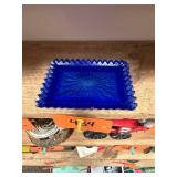Vtg Cobalt Blue Pressed Glass Tray