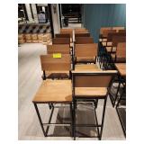 TWELVE WOOD AND METAL FRAME STOOLS