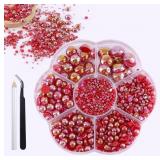 $6 1500 Pcs 3D Nail Charms Flatback Pearls Set,Red