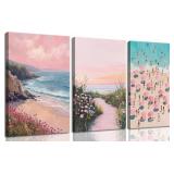 $35 Myzoran 3Pcs Pastel Coastal Wall Art Pink Beac