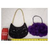 (2) Vintage Handbag Purse Black Sequins Purple Fur