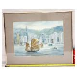 Original Signed Watercolor Junk Hong Kong Harbor
