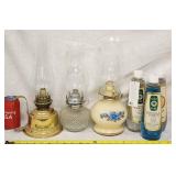 3 Vintage Oil Lamps Brass Glass & Hand Painted