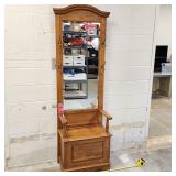 Athens Oak Entry Mirrored Hall Tree Seated Storage