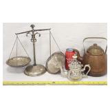 French & Copper Teapot Kettle + Antique Scale