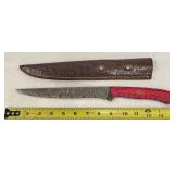 Long Damascus Fixed Blade Knife & Leather Sheath