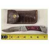 Damascus Blade Folding Pocket Knife Leather Sheeth