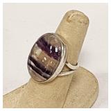 Vintage Purple Fluorite Cabochon 925 Sterling Ring