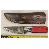 Damascus Fixed Blade Elk Knife & Leather Sheath