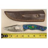 Damascus Fixed Blade Bear Knife & Leather Sheath