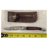 Damascus Blade Folding Pocket Knife Leather Sheeth
