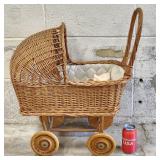 Vintage Rattan Wicker Doll Stroller Bassinet