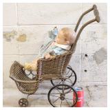 Antique Wicker Stroller 1930's-1940's Jointed Doll