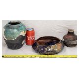 3 Unsigned Raku Art Pottery Vase & Bowl