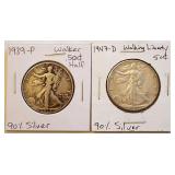 1939P 1947D Walking Liberty Half Dollar 90% Silver