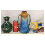 Raku Art Pottery Lion Signed JP & 2 Unsigned Vases