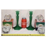 Vintage Green Jadeite Glass Candlesticks & 4 Towle
