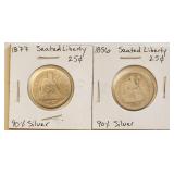 1856 & 1877 Seated Liberty Quarter 90% Silver