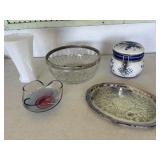 Silver plated tray, milk glass, and other items