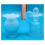 Blue Hobnail Glass Vase and Pitcher
