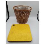 Wicker basket with liner and wood cutting board