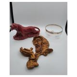 Red ceramic tiger planter gold Jesus face plaque