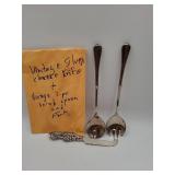 Silver cheese knife with salad spoon and fork
