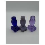Three pressed glass owl figurines