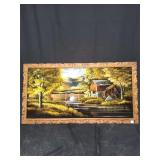 Framed mill and landscape painting with carvedwood