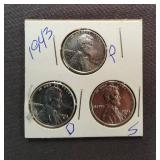 1943 Steel Lincoln Wheat Cents P D S