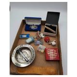 Buffalo Nickel tray, harmonica, Totes clip, and l