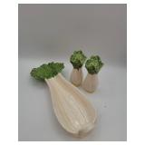 Ceramic bok choy dish with salt and pepper shakers